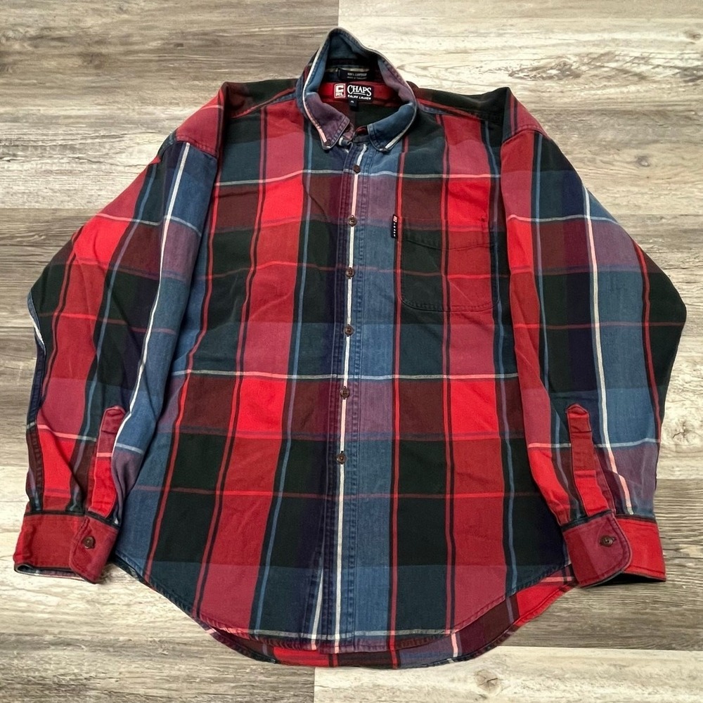Vintage 90s Chaps Ralph Lauren Red Blue Plaid Mens XL Button Heavy Flannel Shirt